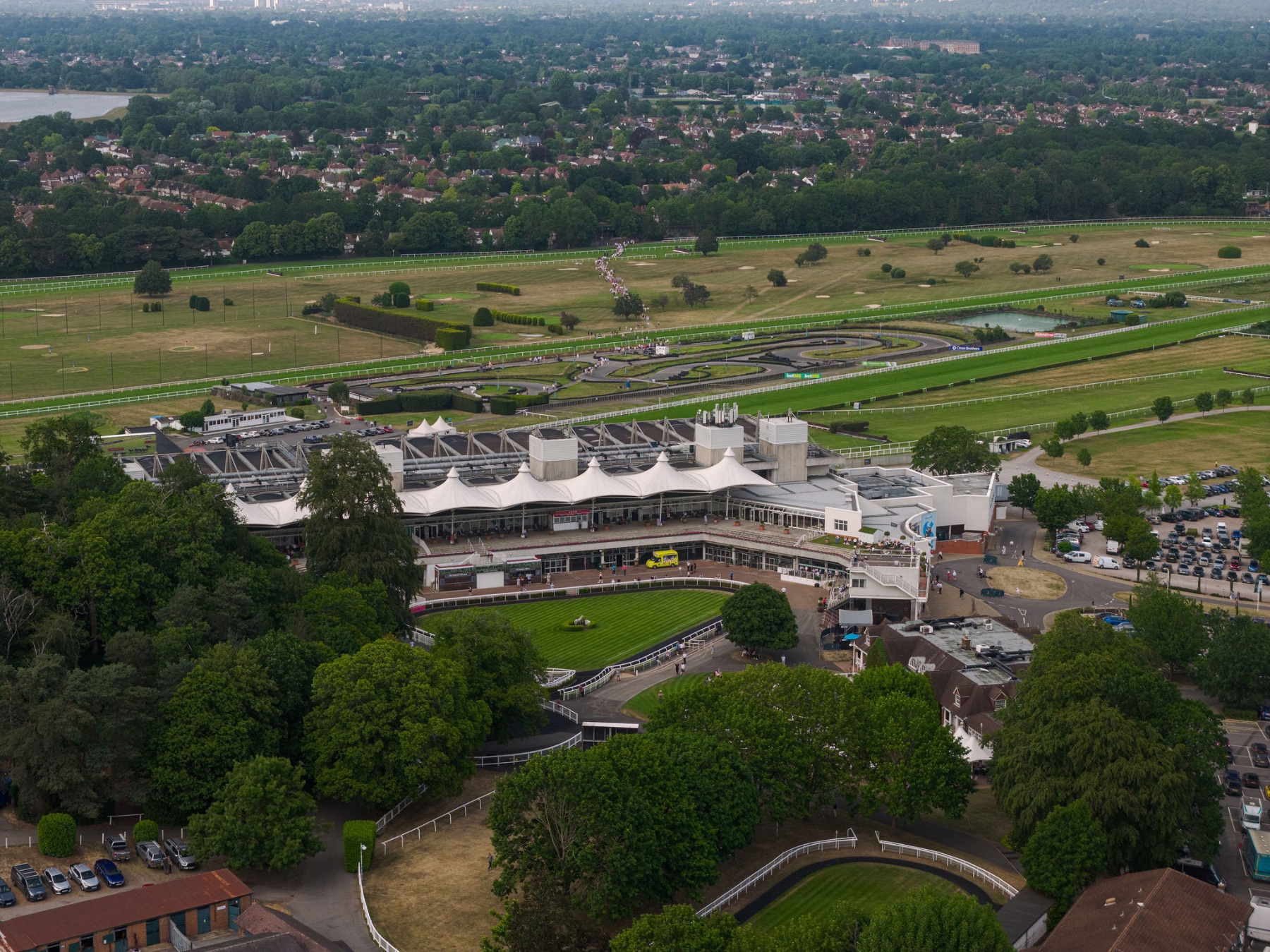 Sandown Park Racecourse grandstand and track from the air