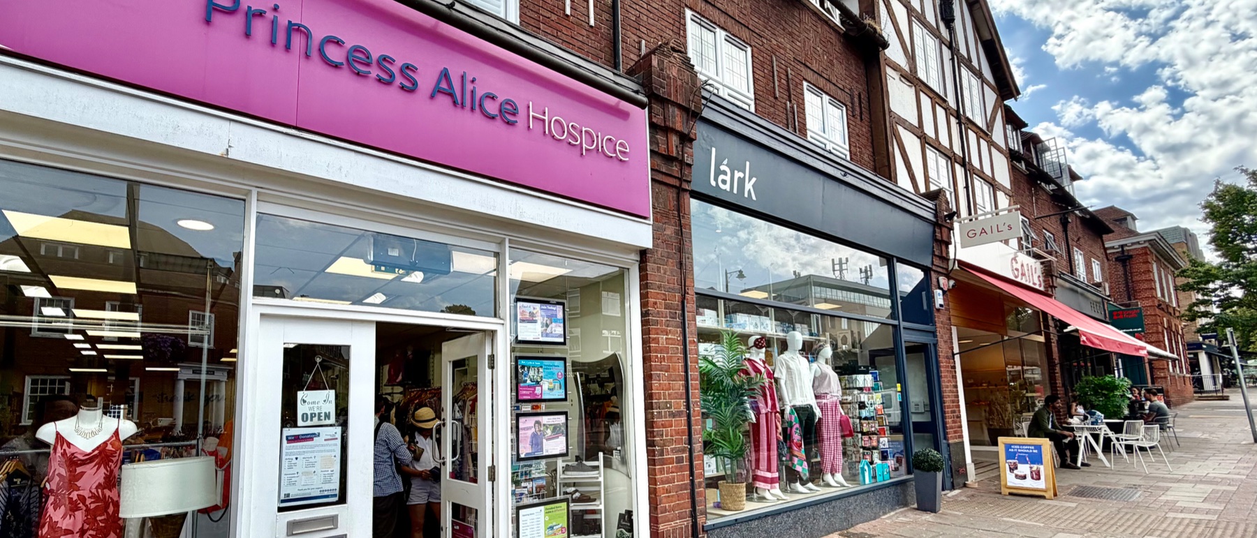 Esher High Street shops - Princess Alice Hospice, lark and GAIL's
